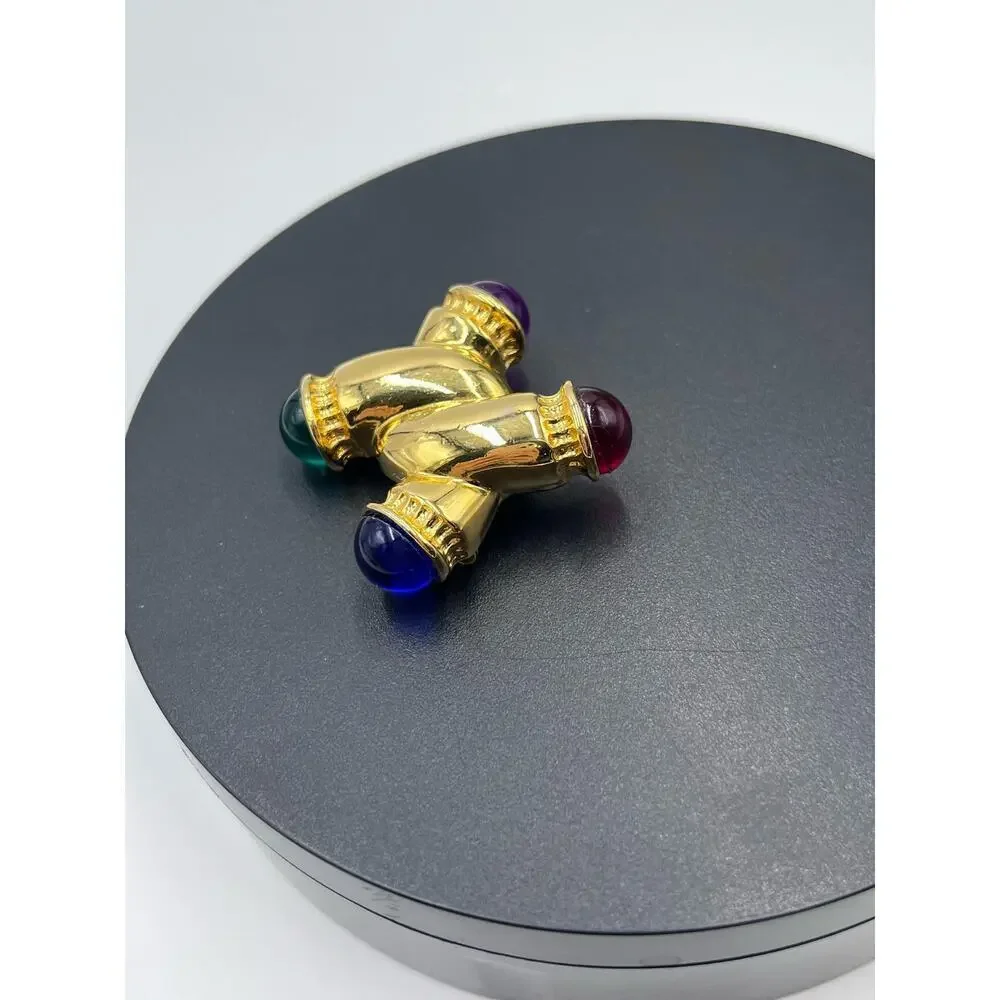 IVANA Signed Vintage Gold W/ Multicolored Cabochons Gripoix Style‎ Brooch